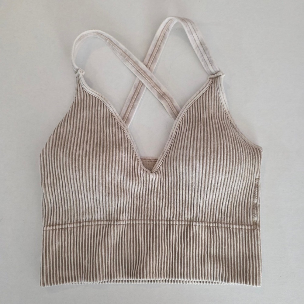 Zenana Ribbed Sports Bra Tank Plunge Tan Mineral Wash L/XL NTW-6312A